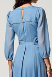 Robe Midi Bleu Satin Trapèze Col Bijou