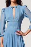 Robe Midi Bleu Satin Trapèze Col Bijou