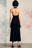 Robe Midi Noir Satin Trapèze Licou
