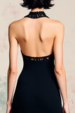 Robe Midi Noir Satin Trapèze Licou