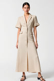 Robe Longue Gris Satin Trapèze Revers Cranté