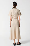 Robe Longue Gris Satin Trapèze Revers Cranté
