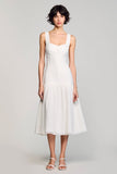 Robe Midi Blanc Satin Trapèze Bretelles Spaghetti