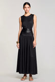 Robe Longue Trapèze Satin Noir Ras De Cou