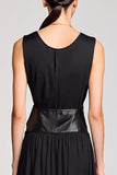 Robe Longue Trapèze Satin Noir Ras De Cou