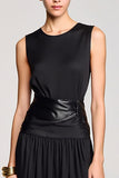 Robe Longue Trapèze Satin Noir Ras De Cou