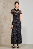 Robe Longue Trapèze Noir Satin Avec Col