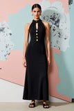 Robe Longue Noir Trapèze Satin Ras De Cou