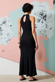 Robe Longue Noir Trapèze Satin Ras De Cou