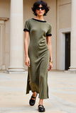 Robe Longue Trapèze Olive Col Bateau