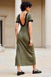 Robe Longue Trapèze Olive Col Bateau