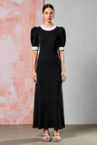 Robe Noir Satin Longue Trapèze Ras De Cou