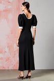 Robe Noir Satin Longue Trapèze Ras De Cou