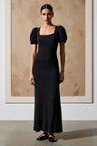 Robe Longue Trapèze Noir Satin Col Carré