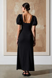 Robe Longue Trapèze Noir Satin Col Carré