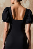 Robe Longue Trapèze Noir Satin Col Carré