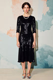 Robe Midi Noir Paillette Trapèze Ras De Cou
