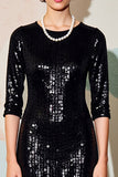 Robe Midi Noir Paillette Trapèze Ras De Cou