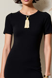 Robe Midi Noir Satin Fourreau Ras De Cou