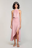Robe Longue Rose Satin Trapèze Licou