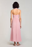 Robe Longue Rose Satin Trapèze Licou