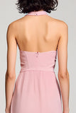 Robe Longue Rose Satin Trapèze Licou