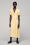 Robe Longue Jaune Satin Trapèze Revers Cranté
