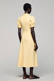 Robe Longue Jaune Satin Trapèze Revers Cranté