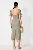 Robe Midi Gris Satin Trapèze Col Carré