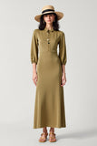 Robe Longue Olive Satin Trapèze Avec Col