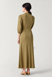 Robe Longue Olive Satin Trapèze Avec Col