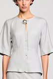 Robe Midi Gris Satin Trapèze Col Bijou