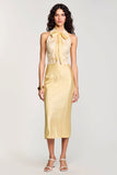Robe Midi Jaune Satin Fourreau Licou