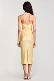 Robe Midi Jaune Satin Fourreau Licou