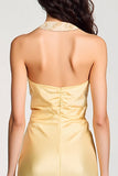 Robe Midi Jaune Satin Fourreau Licou