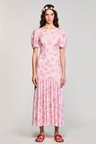 Robe Longue Rose Imprimer Trapèze Col Bateau