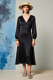 Robe Satin Noir Longue Trapèze Col V