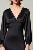 Robe Satin Noir Longue Trapèze Col V