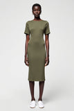Robe Midi Olive Satin Fourreau Col Bateau