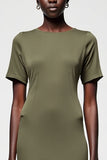 Robe Midi Olive Satin Fourreau Col Bateau