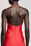 Robe Midi Rouge Satin Trapèze Licou