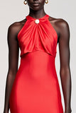 Robe Midi Rouge Satin Trapèze Licou