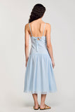 Robe Longue Bleu Tulle Trapèze Bretelles Spaghetti