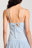 Robe Longue Bleu Tulle Trapèze Bretelles Spaghetti