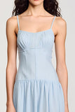 Robe Longue Bleu Tulle Trapèze Bretelles Spaghetti