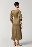Robe Longue Olive Trapèze Satin Col Carré