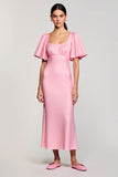 Robe Longue Rose Satin Trapèze Col Carré