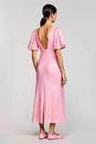 Robe Longue Rose Satin Trapèze Col Carré