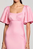 Robe Longue Rose Satin Trapèze Col Carré