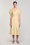 Robe Midi Jaune Satin Trapèze Revers Cranté